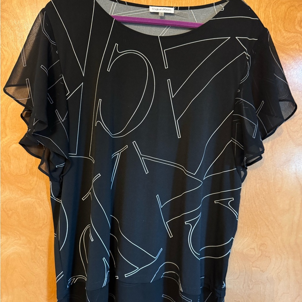 Calvin Klein Black Top with White Abstract Line Print and Flutter Sleeves